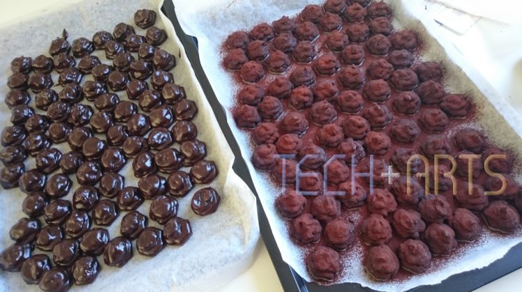 Undipped chocolates on trays